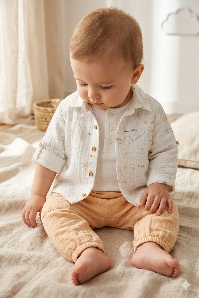 3 Parça Müslin Bebek Takım - Doğal Yazlık Kombin (Bej)