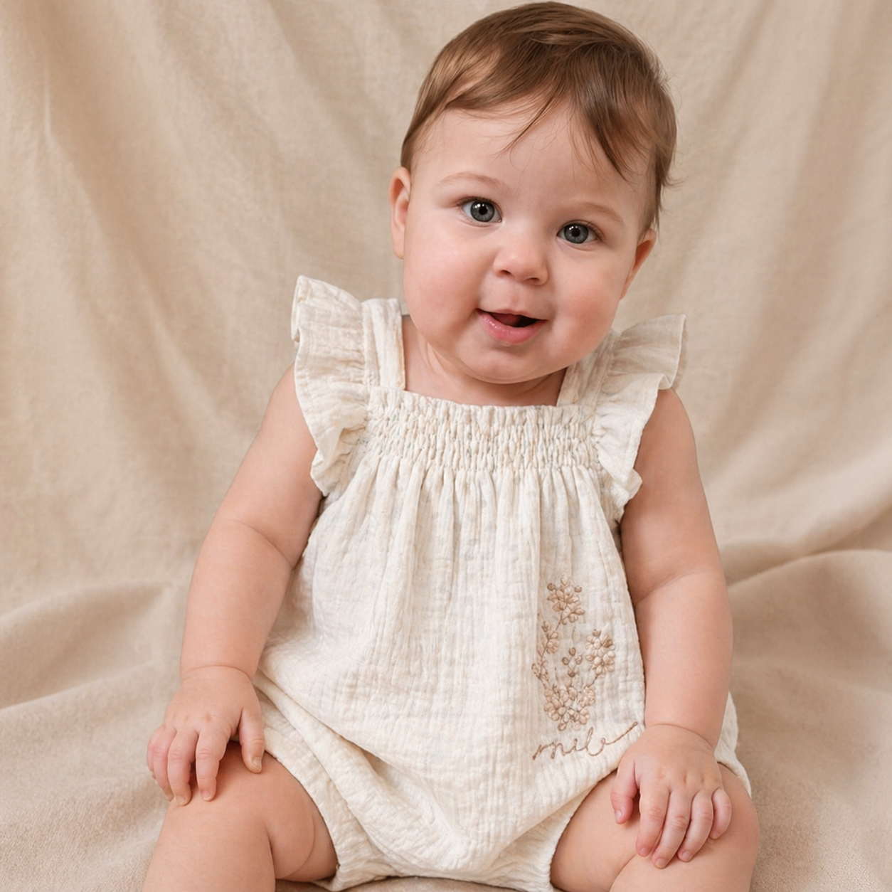 Fırfır Detaylı Müslin Bebek Tulum (Ekru)