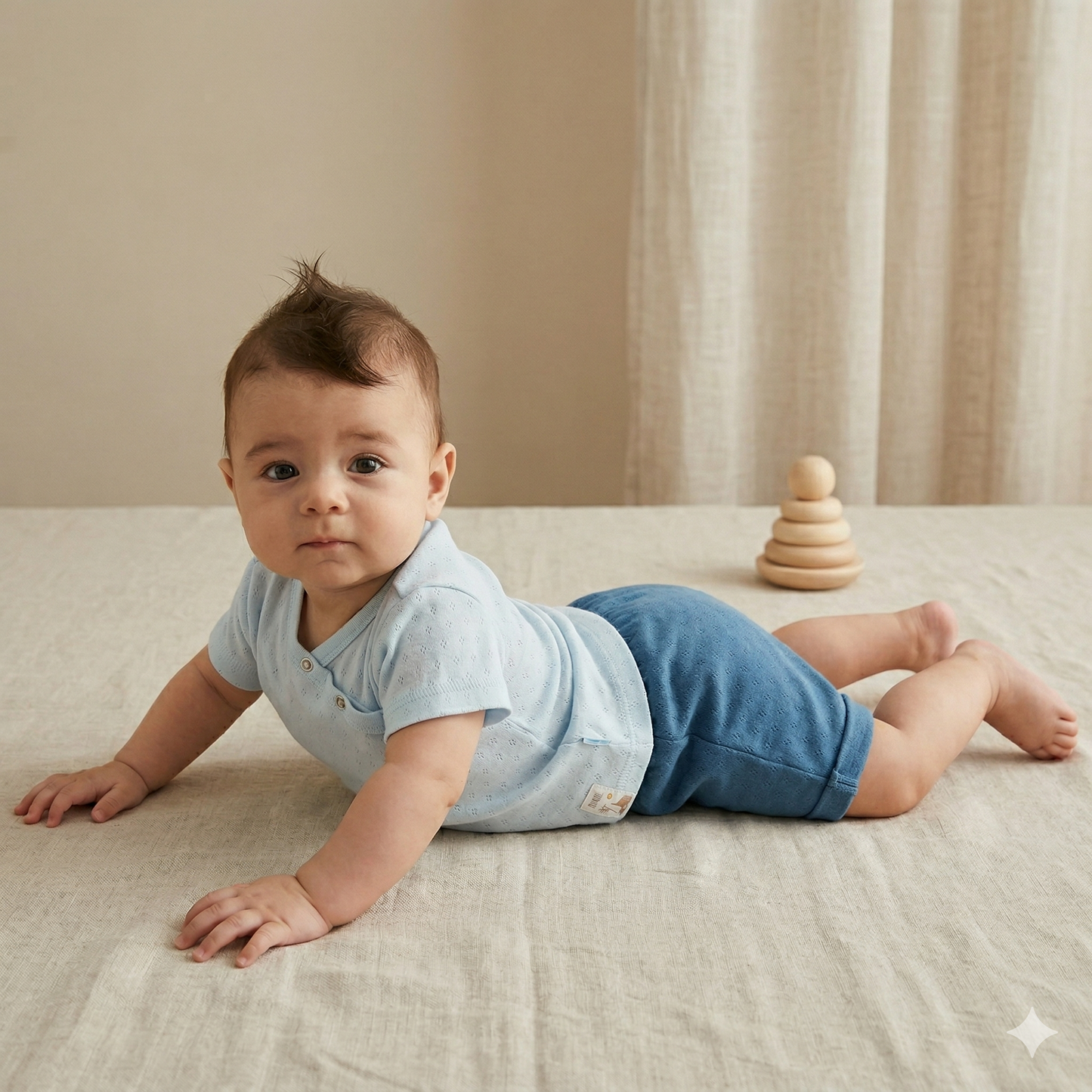 Minimal Desenli Bebek Şort Takımı (Mavi)