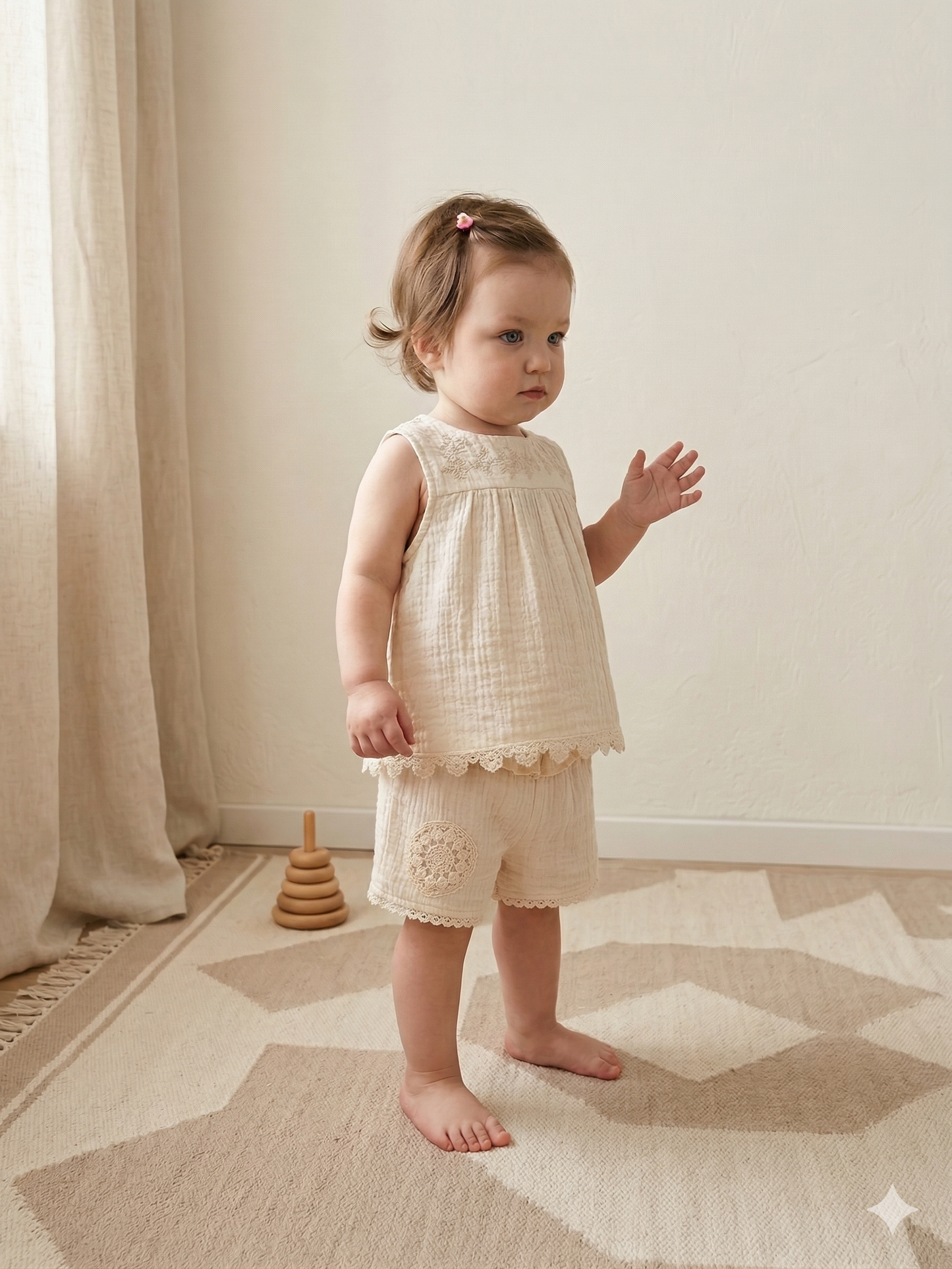 Nakış Detaylı Müslin Bebek Şort Takımı (Bej)