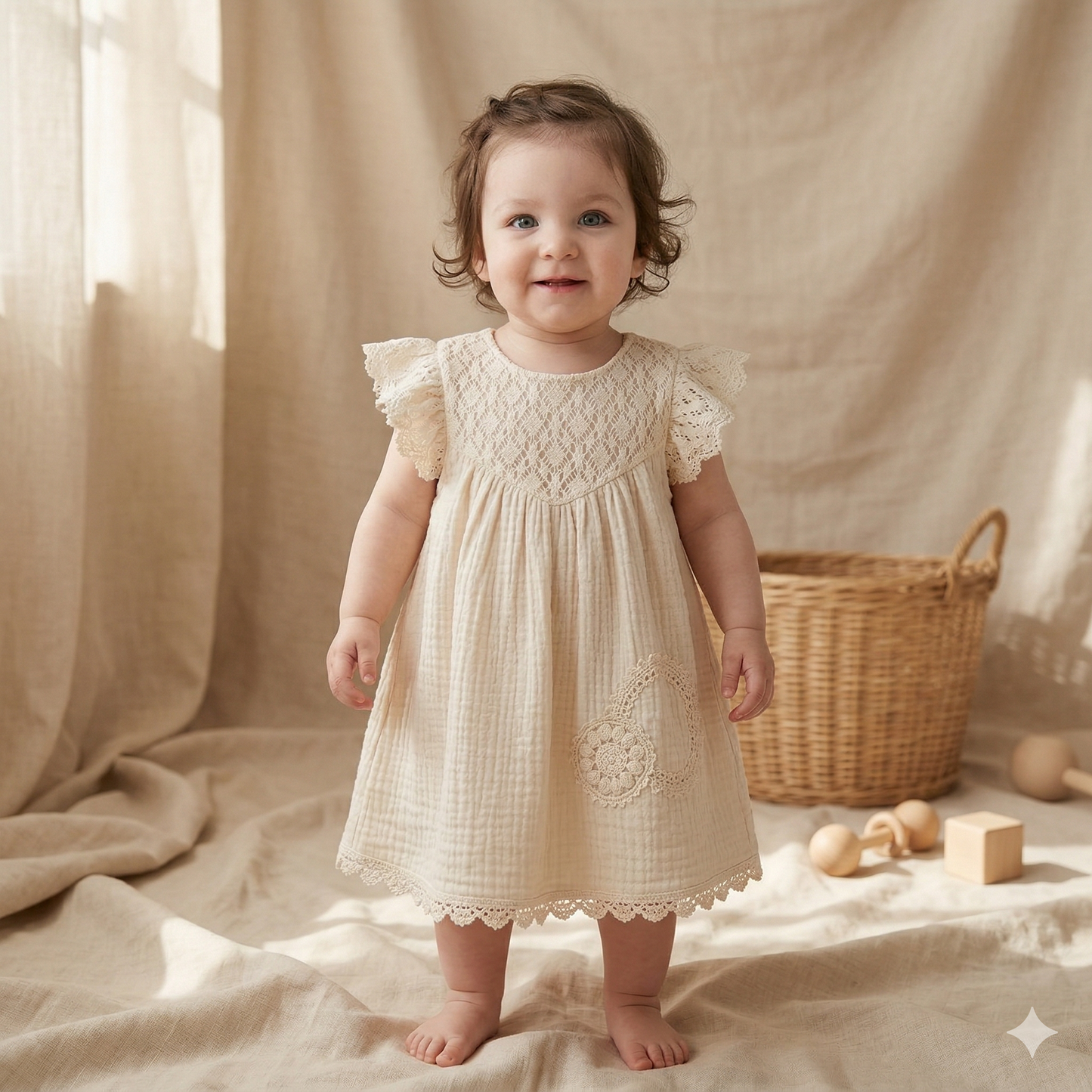Nakış Detaylı Müslin Bebek Elbise (Bej)