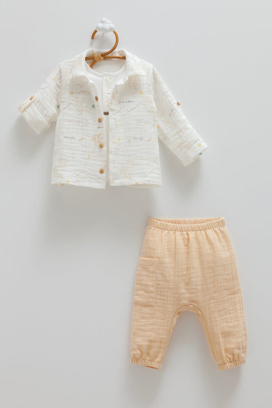 3 Parça Uzun Kollu Müslin Bebek Takımı Bej | Pamukanne