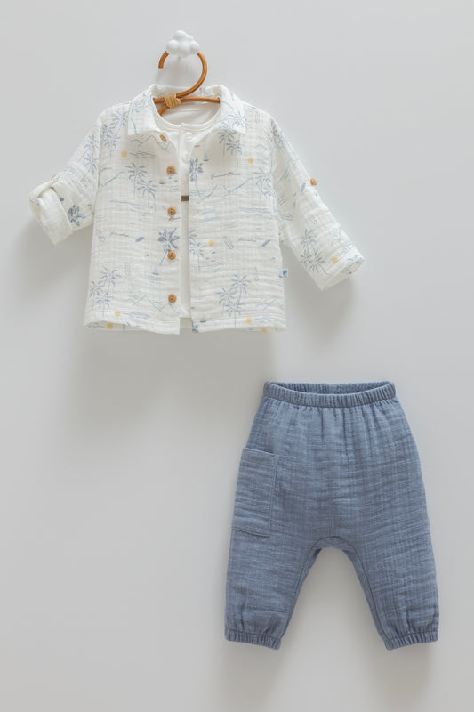 3 Parça Uzun Kollu Müslin Bebek Takımı Mavi | Pamukanne