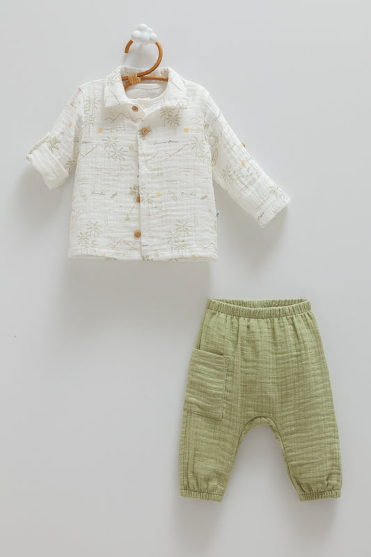 3 Parça Uzun Kollu Müslin Bebek Takımı Yeşil | Pamukanne