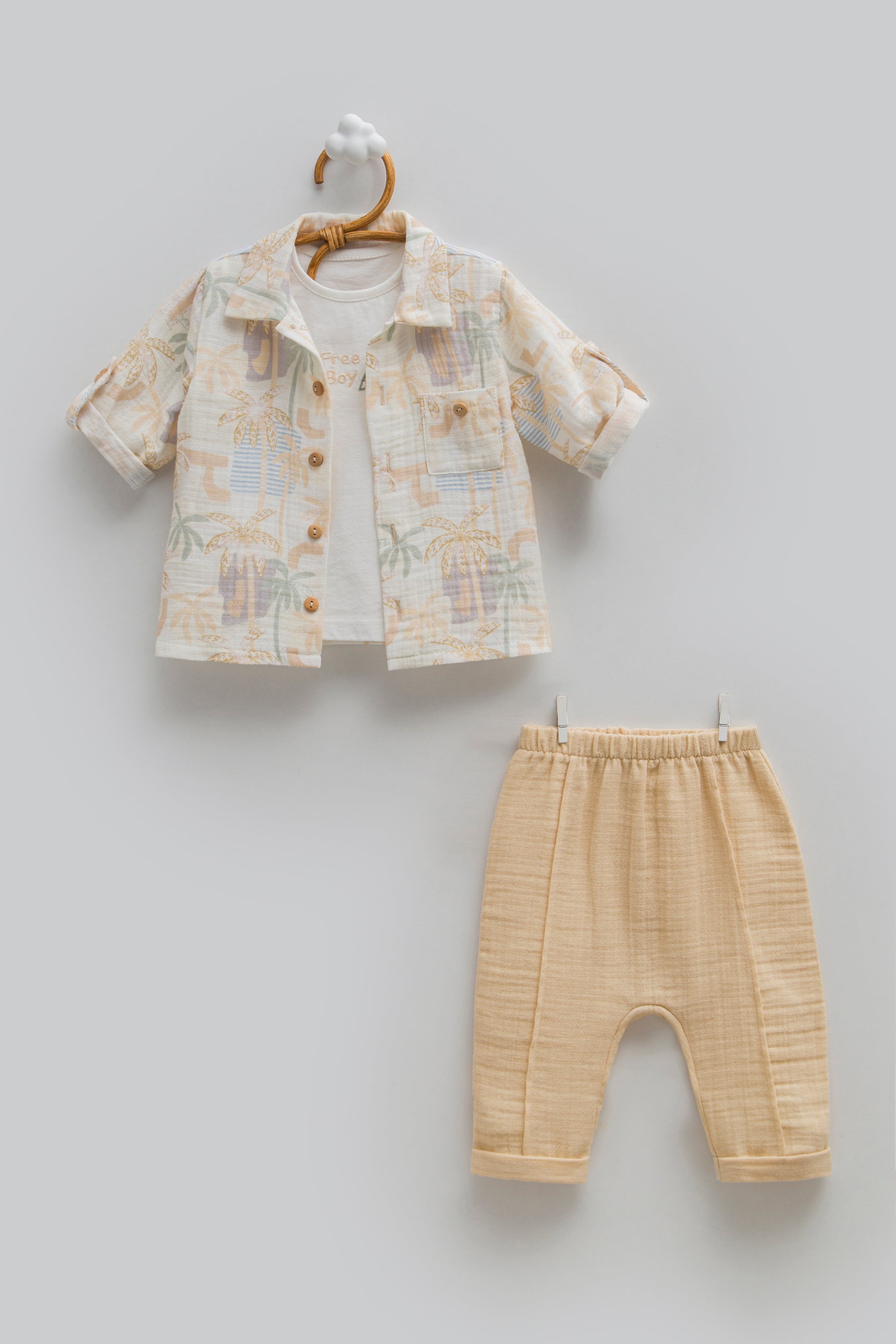 3 Parça Müslin Gömlekli Bebek Takımı Bej | Pamukanne