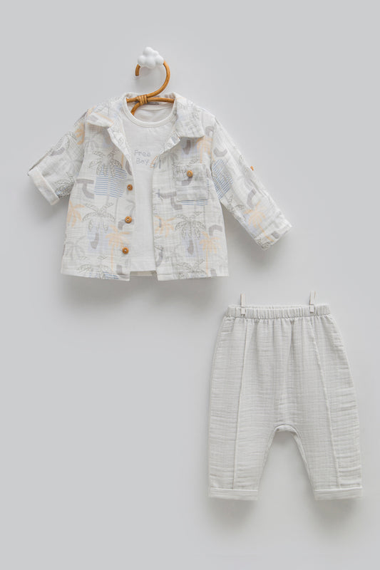 3 Parça Müslin Gömlekli Bebek Takımı Gri | Pamukanne