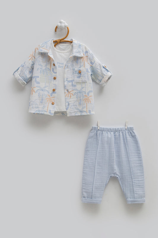 3 Parça Müslin Gömlekli Bebek Takımı Mavi | Pamukanne