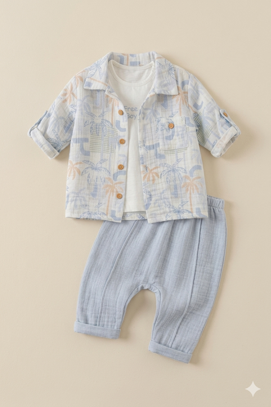 3 Parça Müslin Bebek Takım - Gömlekli Kombin (Mavi)