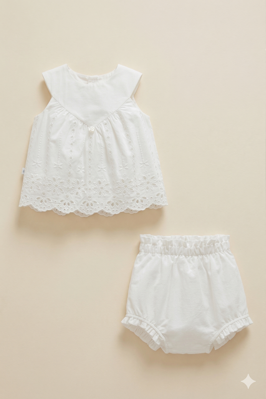 Brode Detaylı Premium Bebek Şort Takımı (Ekru)