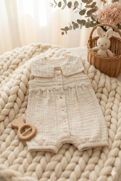 Dantel Yakalı Müslin Bebek Tulum (Bej)