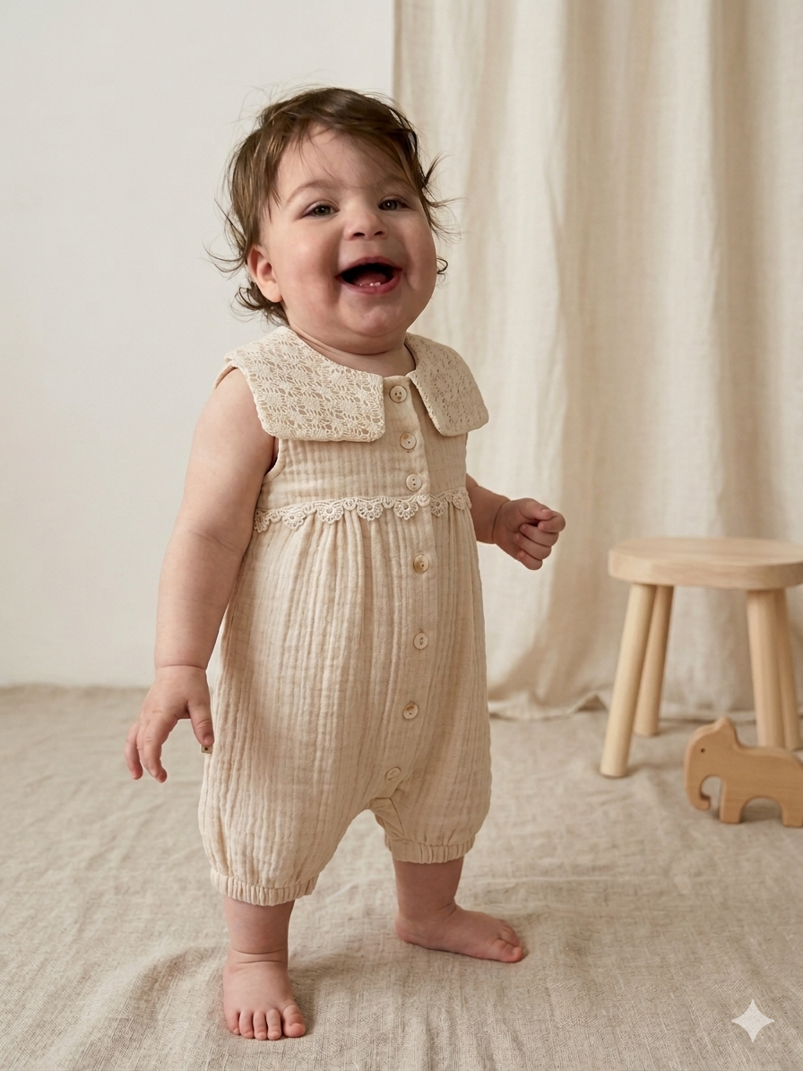 Dantel Yakalı Müslin Bebek Tulum (Bej)