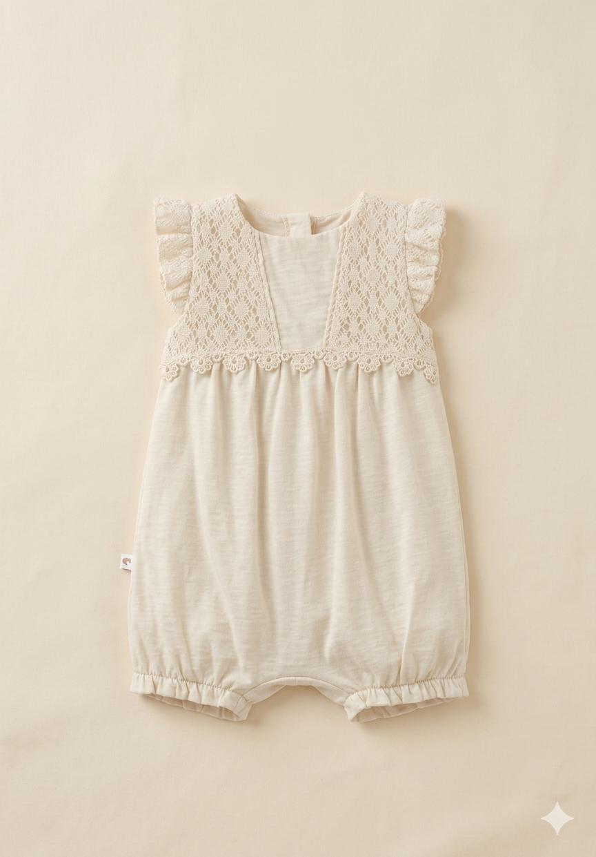 Dantel ve Fırfır Detaylı  Bebek Tulum (Bej)