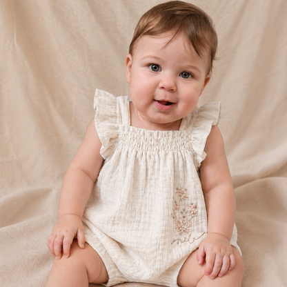 Fırfır Detaylı Müslin Bebek Tulum (Ekru)