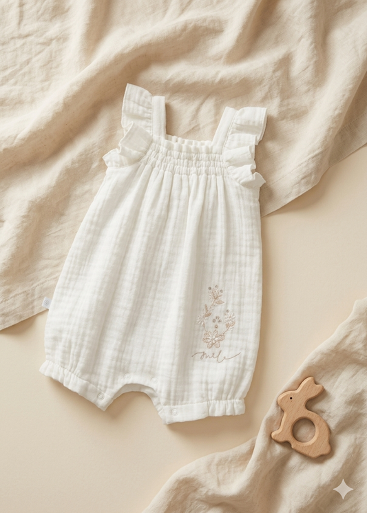 Fırfır Detaylı Müslin Bebek Tulum (Ekru)