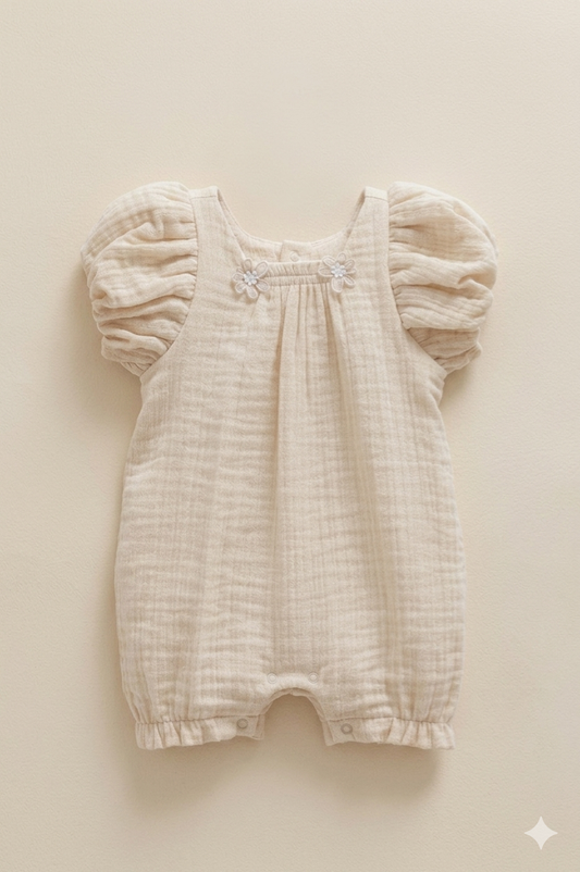 Papatya Detaylı Müslin Bebek Tulum (Bej)