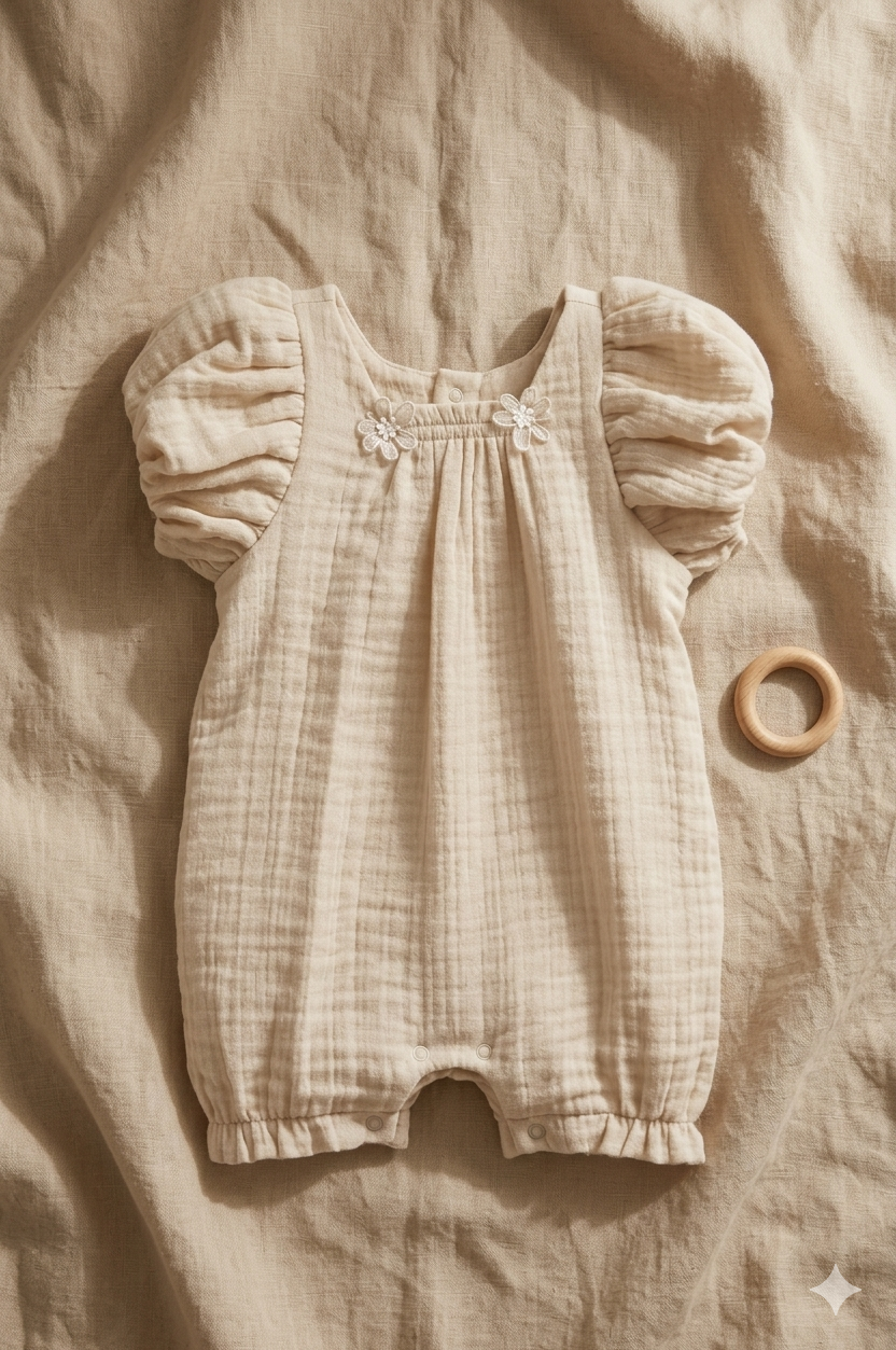 Papatya Detaylı Müslin Bebek Tulum (Bej)