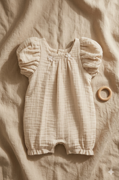 Papatya Detaylı Müslin Bebek Tulum (Bej)
