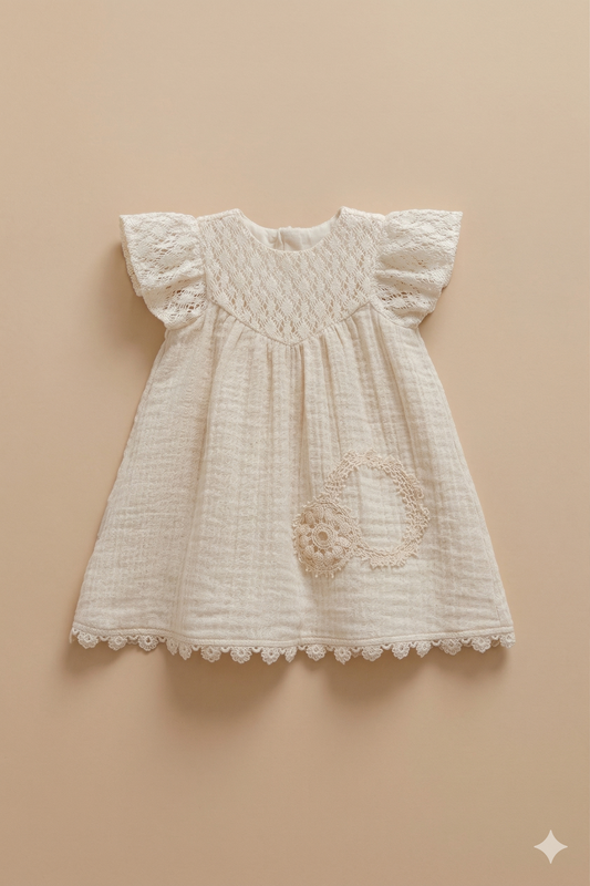 Nakış Detaylı Müslin Bebek Elbise (Bej)