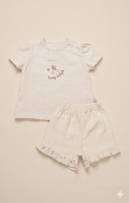Daisy Bestyle Müslin Şort ve T-shirt Takımı Bej | Pamukanne