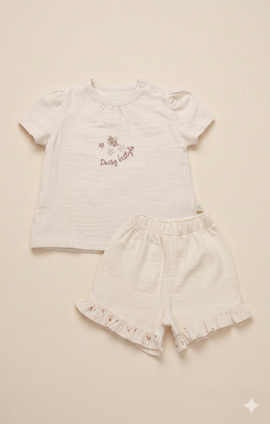 Daisy Bestyle Müslin Şort ve T-shirt Takımı Bej | Pamukanne