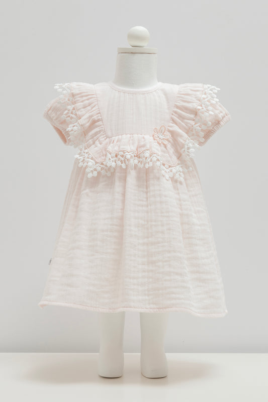 Dantel Detaylı Müslin Bebek Elbisesi Pembe | Pamukanne