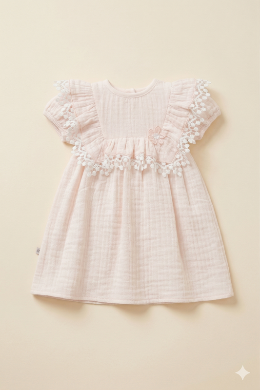 Dantel Detaylı Müslin Bebek Elbise (Pembe)