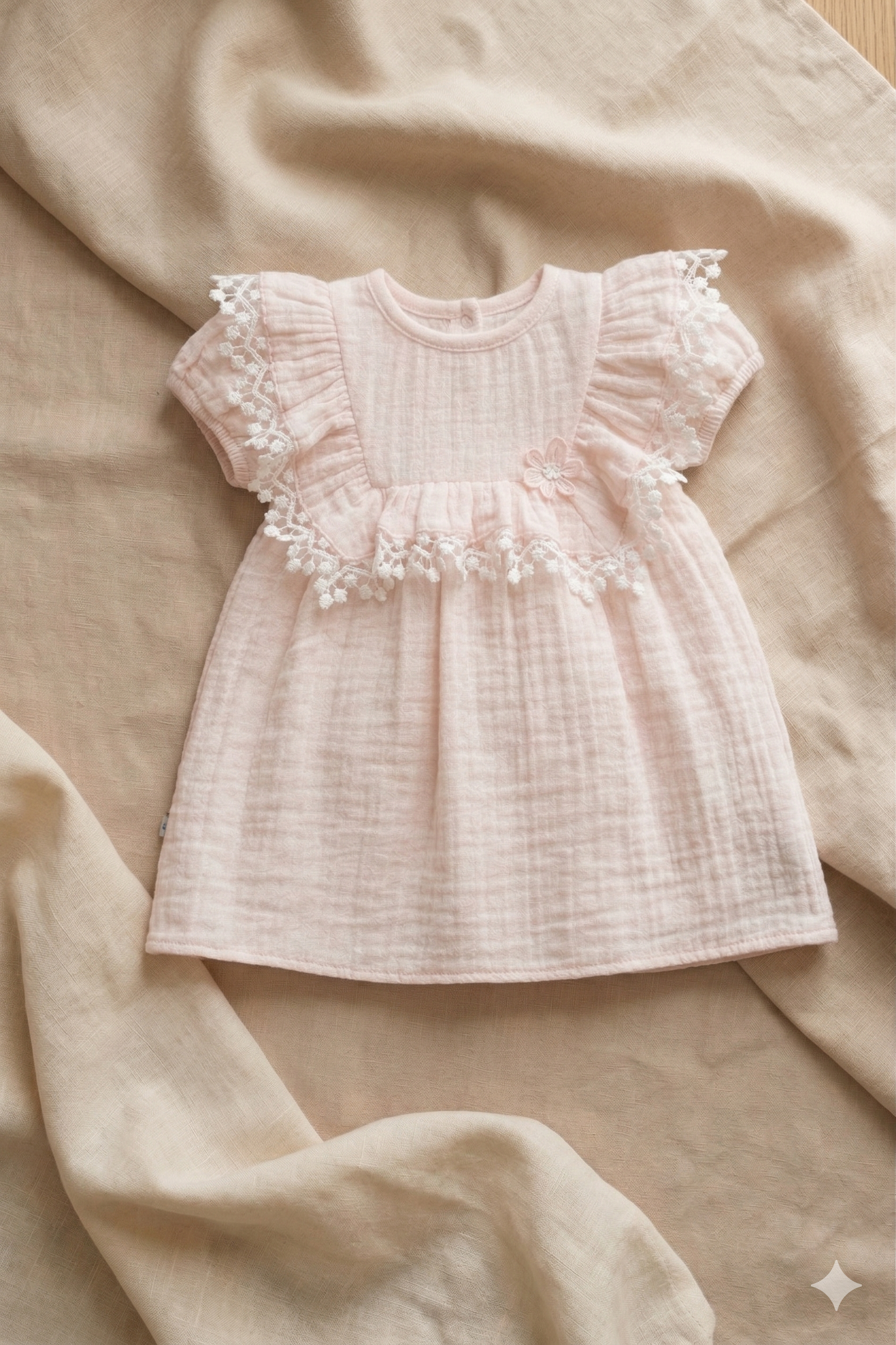 Dantel Detaylı Müslin Bebek Elbise (Pembe)