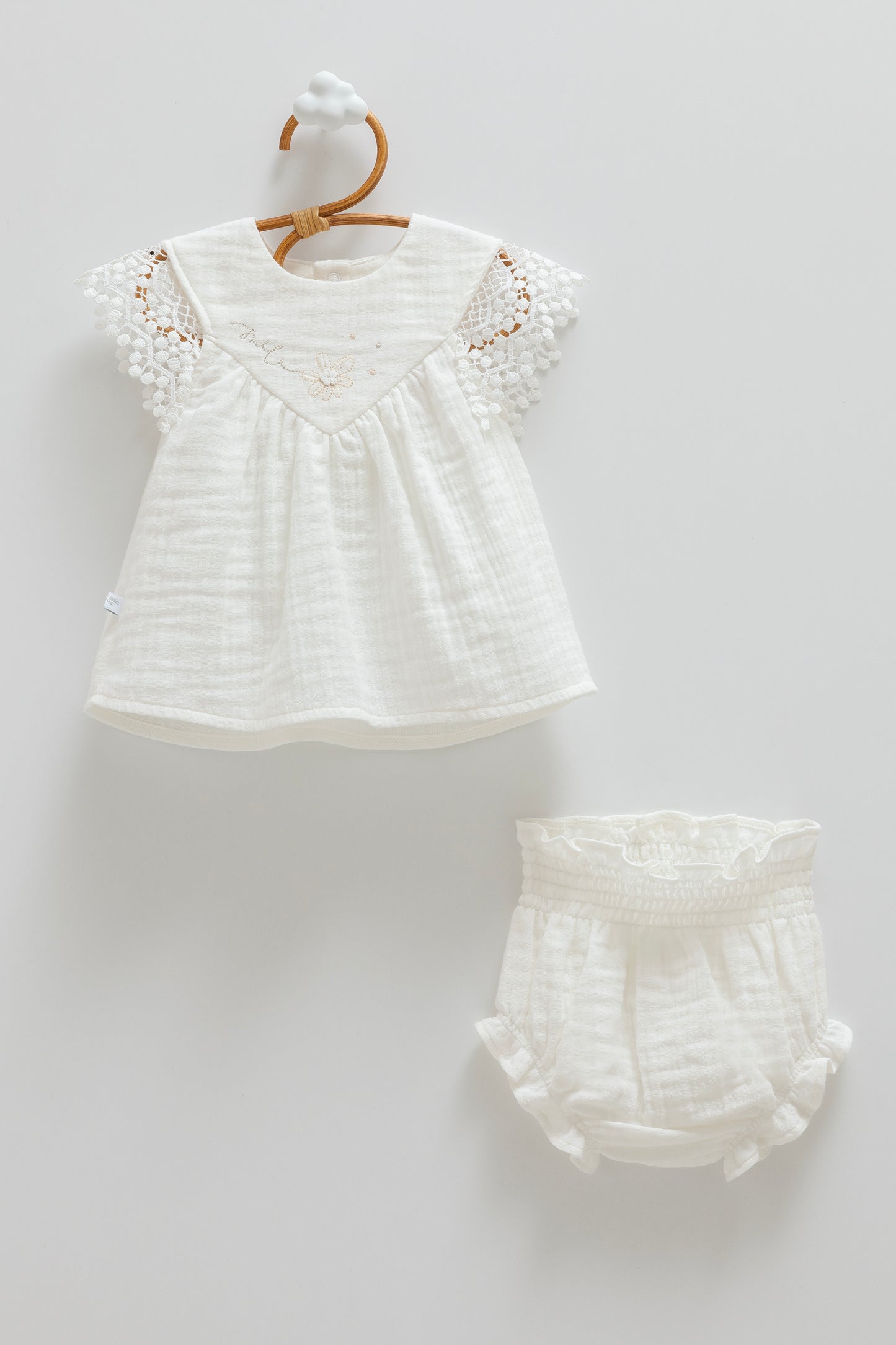 Dantel Müslin Bebek İkili Takım Ekru | Şortlu | Pamukanne