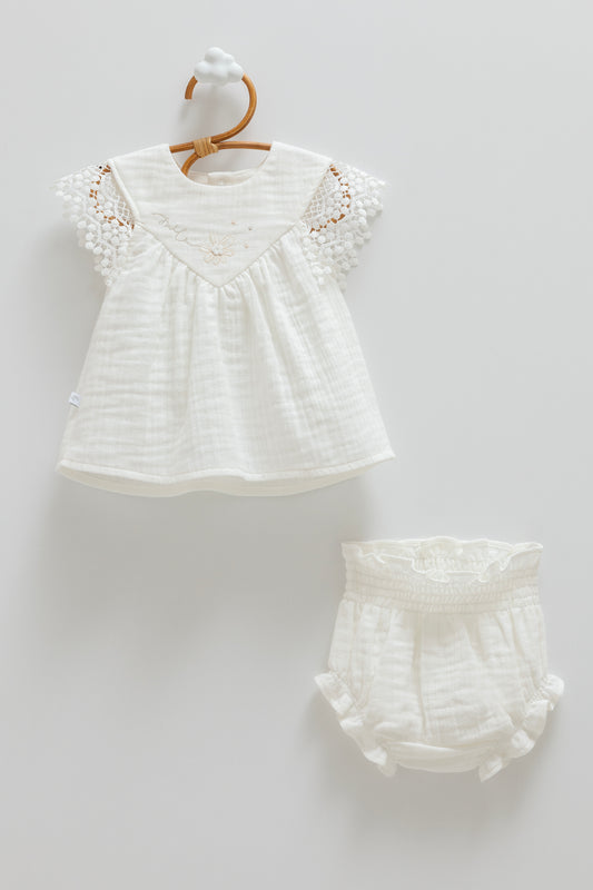 Dantel Müslin Bebek İkili Takım Ekru | Şortlu | Pamukanne