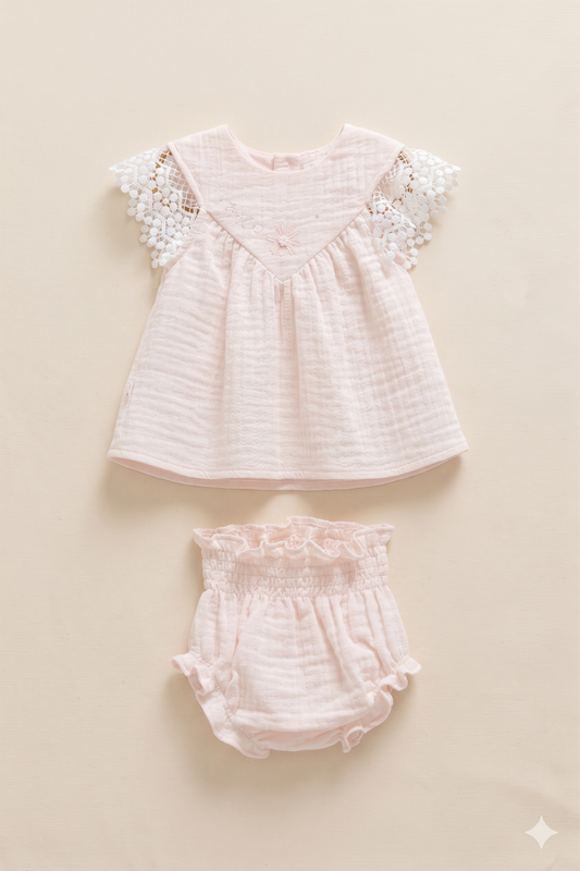 Dantel Detaylı Müslin Bebek Takım (Pembe)