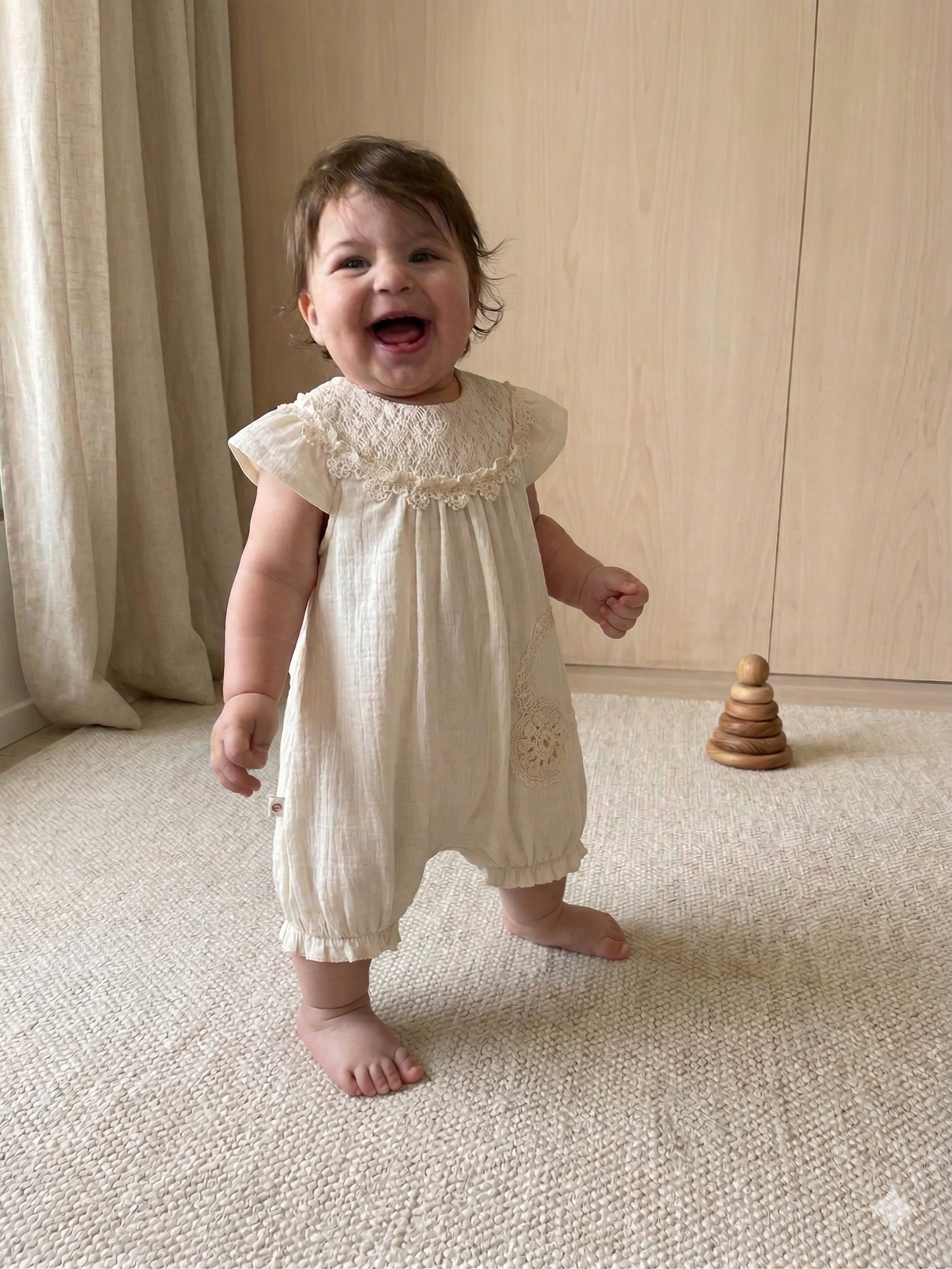 Dantel Detaylı Pamuk Bebek Tulum (Bej)