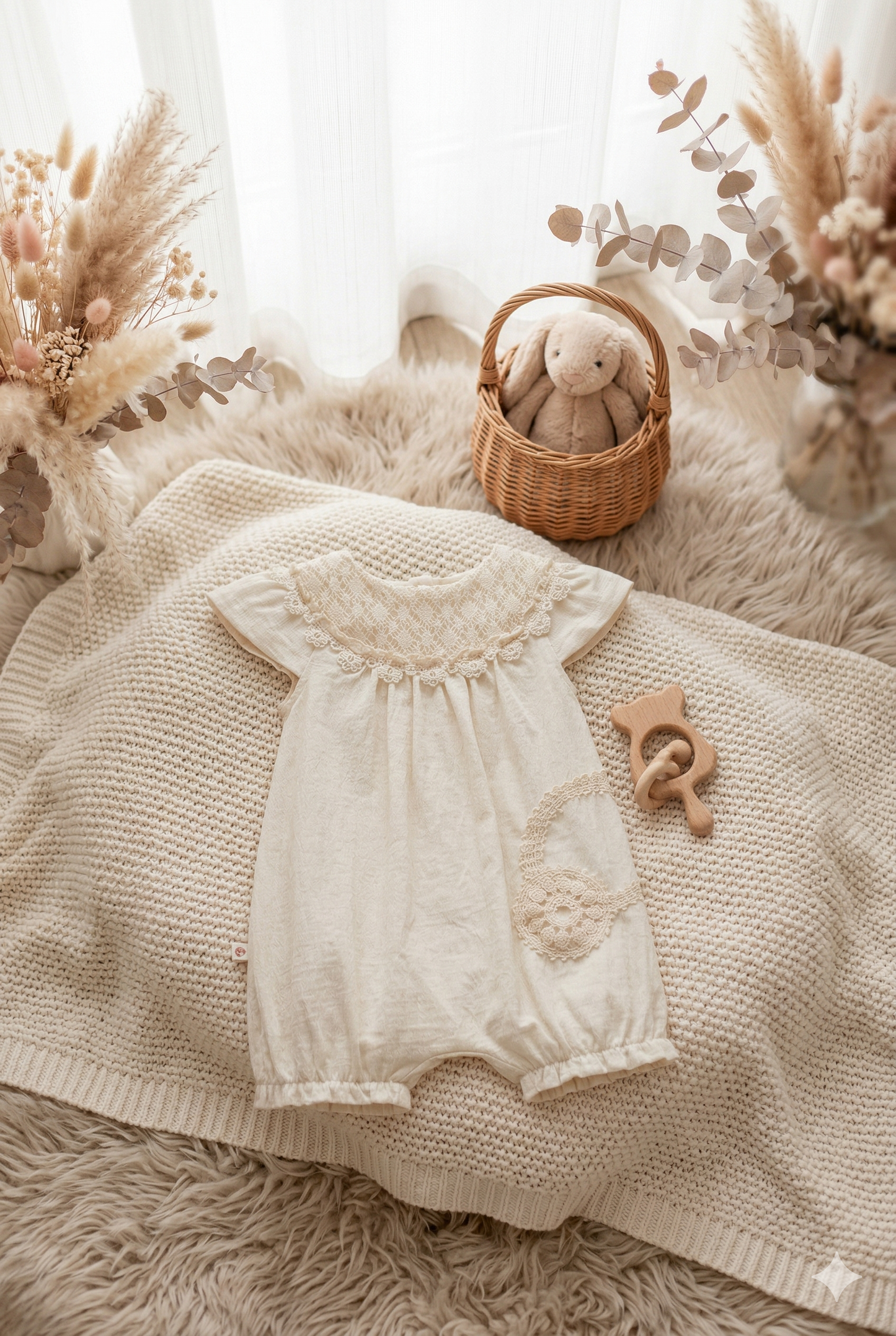 Dantel Detaylı Pamuk Bebek Tulum (Bej)