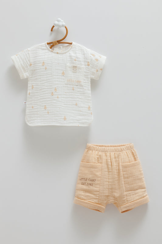 Desenli Müslin Bebek Şortlu Takım Bej | Pamukanne