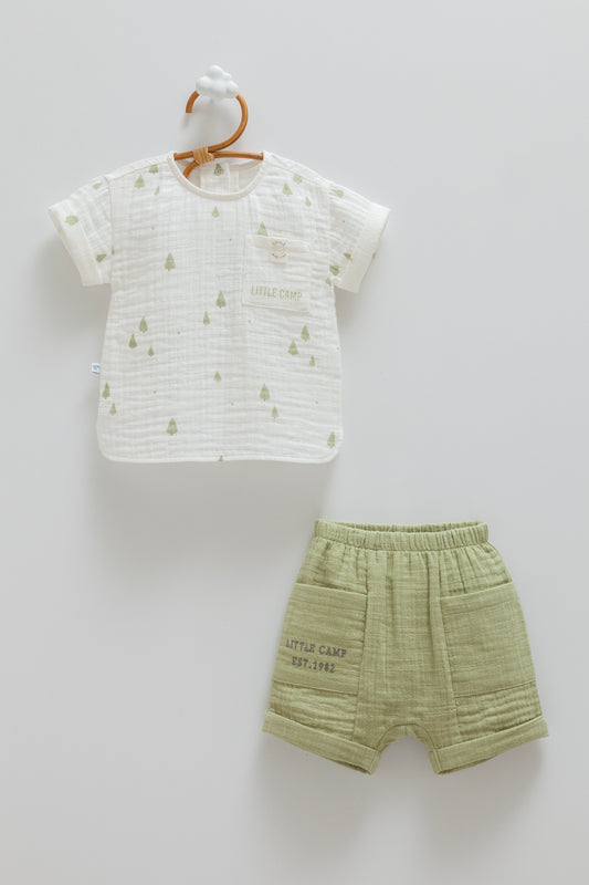 Desenli Müslin Bebek Şortlu Takım Yeşil | Pamukanne