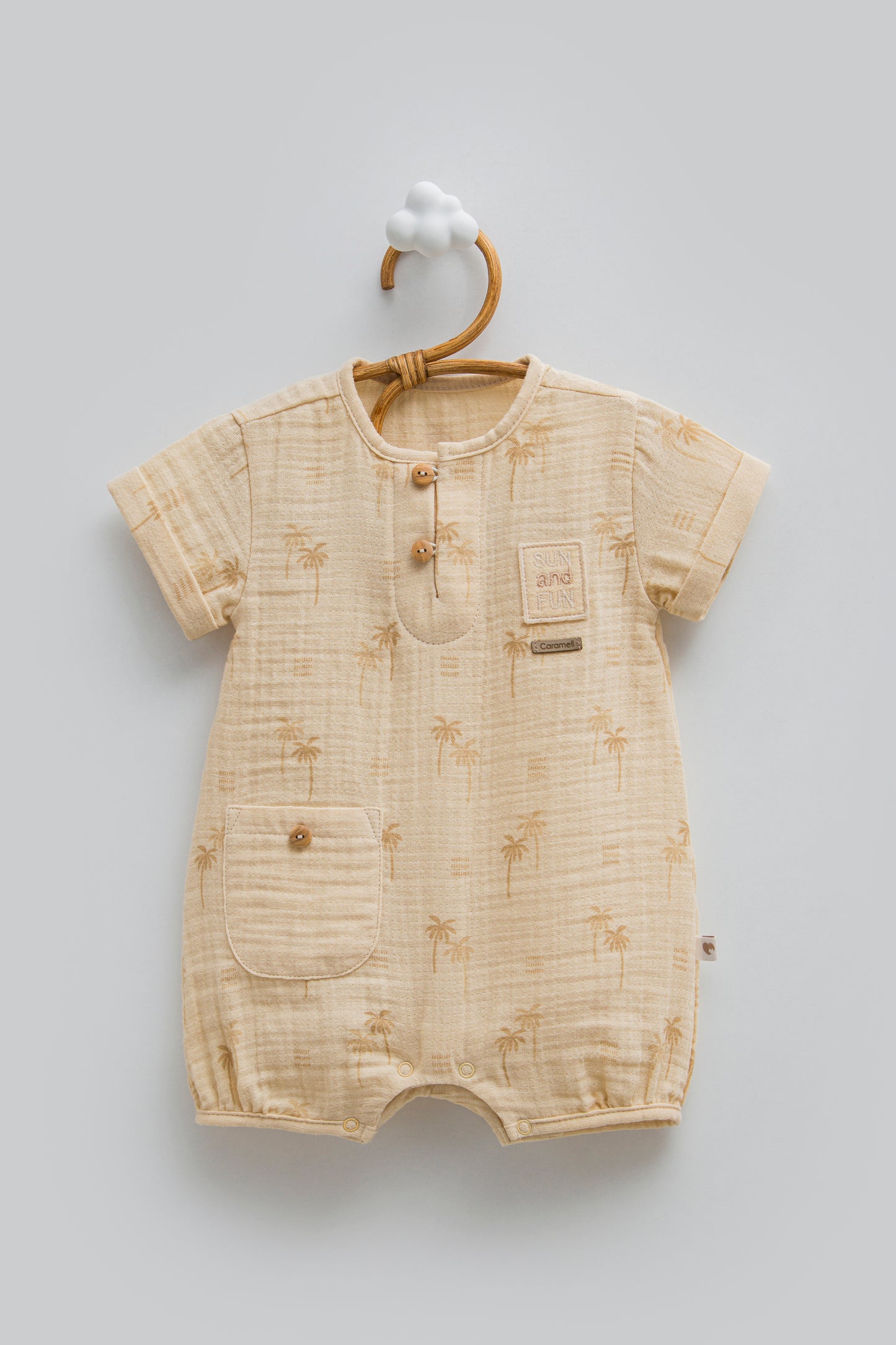 Desenli Müslin Bebek Tulum Kısa Kollu Bej | Pamukanne