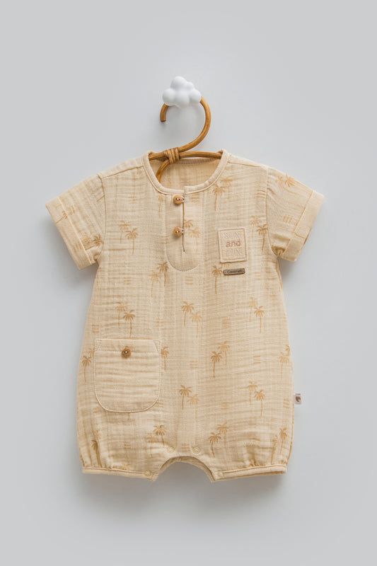 Desenli Müslin Bebek Tulum Kısa Kollu Bej | Pamukanne
