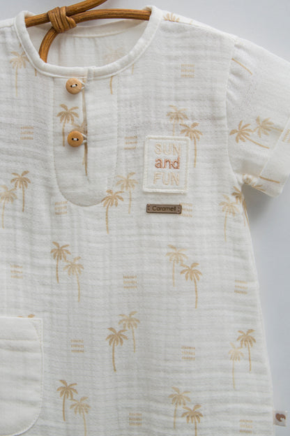 Desenli Müslin Pamuk Bebek Tulum - Yazlık Kısa Kollu Romper (Ekru)