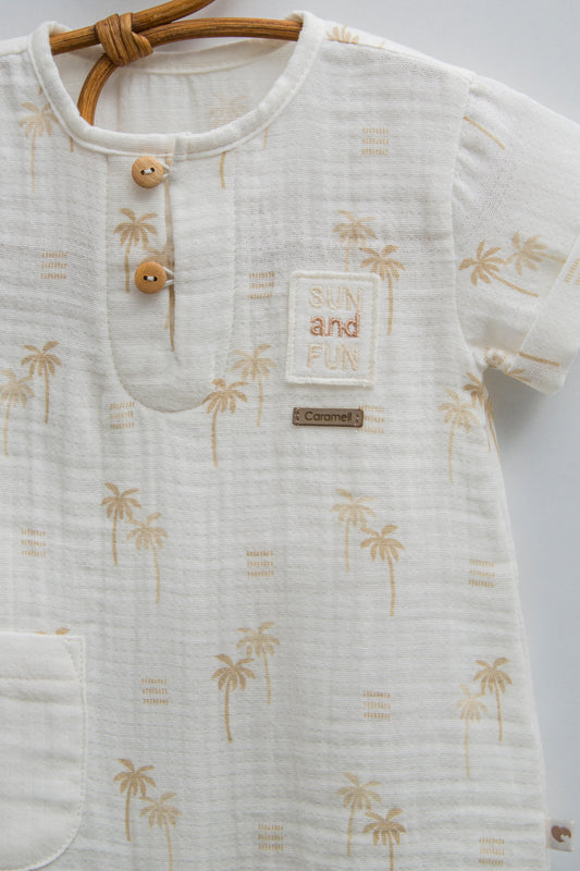 Desenli Müslin Pamuk Bebek Tulum - Yazlık Kısa Kollu Romper (Ekru)