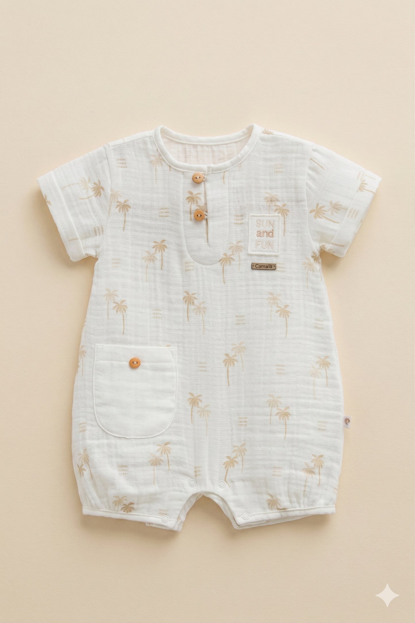 Desenli Müslin Pamuk Bebek Tulum - Yazlık Kısa Kollu Romper (Ekru)
