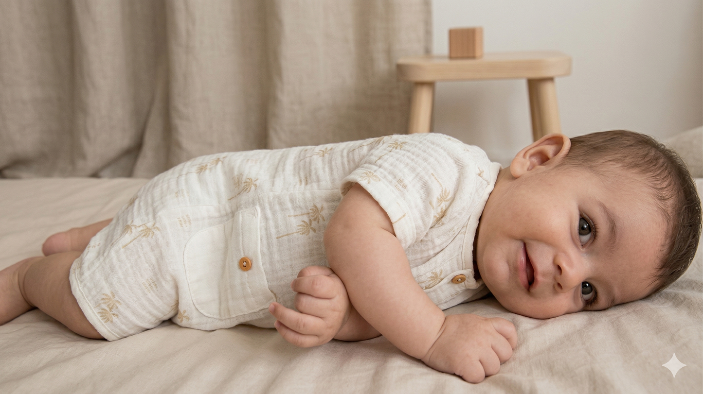 Desenli Müslin Pamuk Bebek Tulum - Yazlık Kısa Kollu Romper (Ekru)