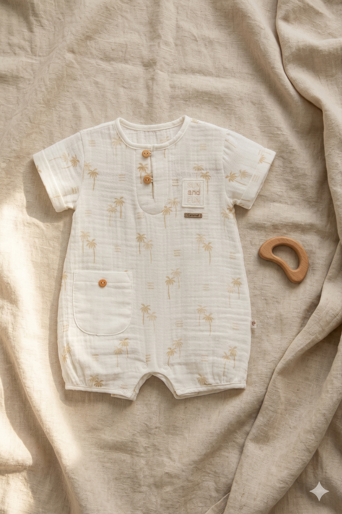 Desenli Müslin Pamuk Bebek Tulum - Yazlık Kısa Kollu Romper (Ekru)