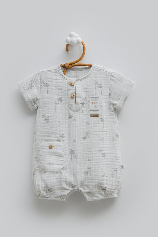 Desenli Müslin Bebek Tulum Kısa Kollu Gri | Pamukanne