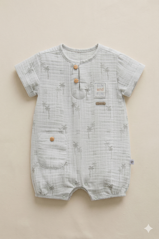 Desenli Müslin Pamuk Bebek Tulum - Yazlık Kısa Kollu Romper (Gri)