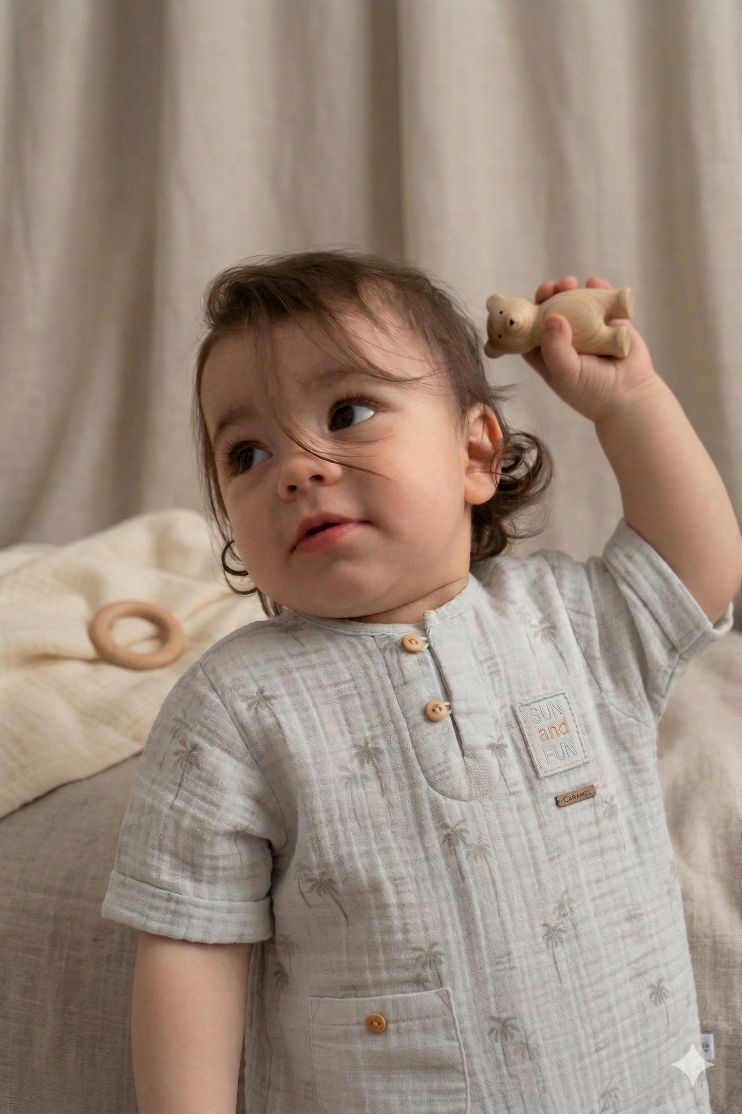Desenli Müslin Pamuk Bebek Tulum - Yazlık Kısa Kollu Romper (Gri)