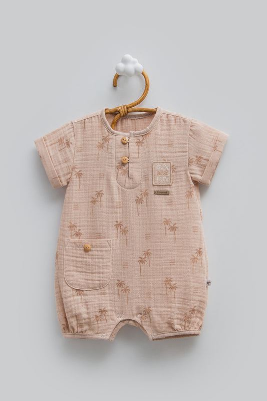 Desenli Müslin Bebek Tulum Kısa Kollu Kahverengi | Pamukanne