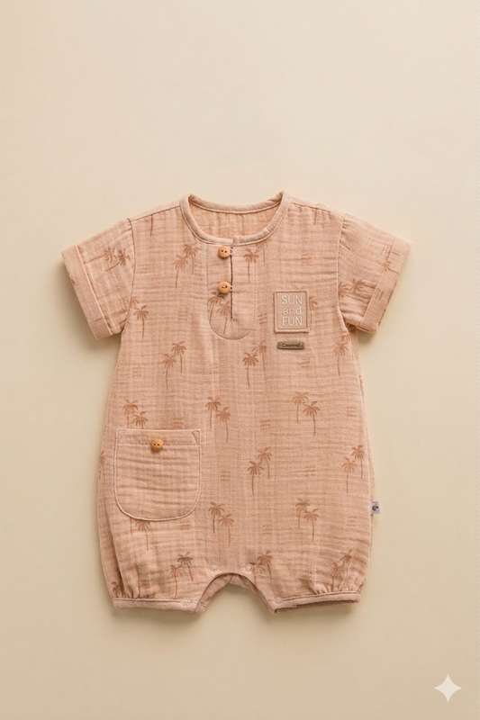 Desenli Müslin Pamuk Bebek Tulum - Yazlık Kısa Kollu Romper (Kahverengi)