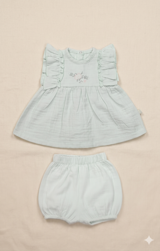 Fırfır Detaylı Müslin Bebek Şort ve Bluz Seti Mint | Pamukanne