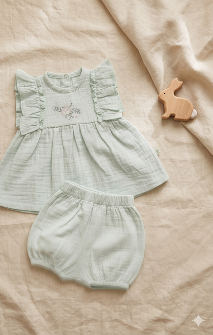 Fırfır Detaylı Müslin Bebek Şort ve Bluz Seti (Mint)