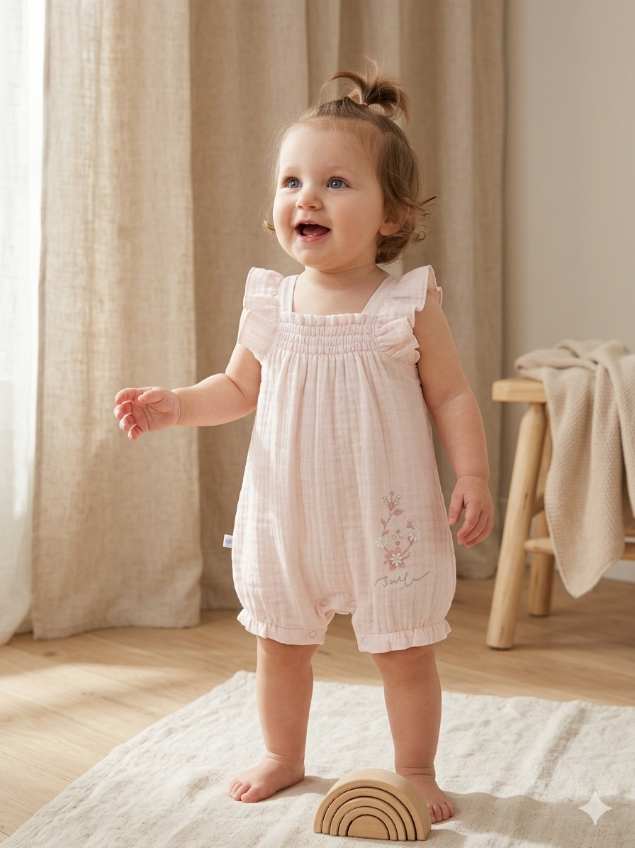 Fırfır Detaylı Müslin Bebek Tulum (Pembe)