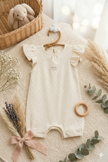 Fırfırlı Kalp Desenli Bebek Tulum (Bej)